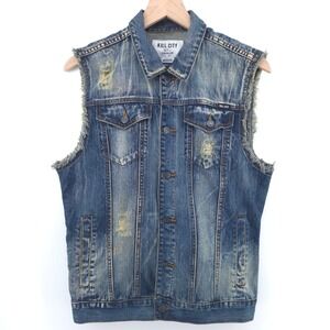 Kill City Men's Denim Vest Medium Blue Distressed Punk Rocker Sleeveless